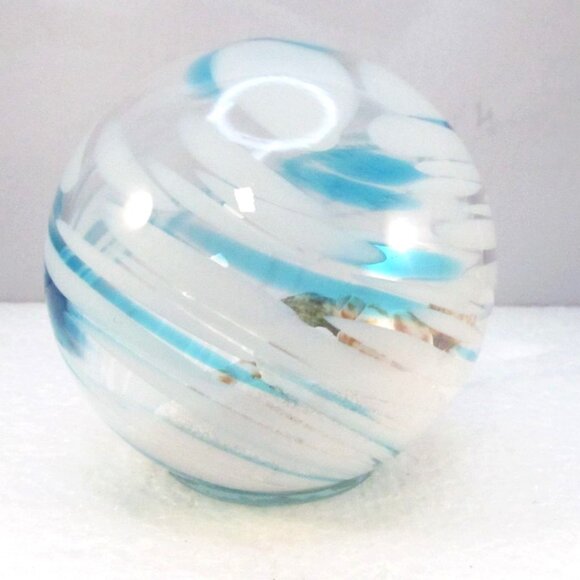 Handblown Blue White Swirl Art Glass Globe with Shells and Sand Paperweight - Picture 4 of 14
